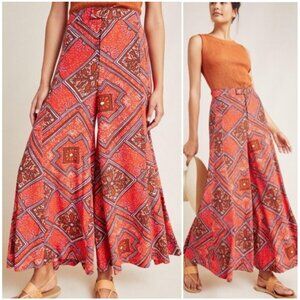 Anthropologie Boho Skirted Wide Leg Pants in Red Geometric Floral Print